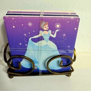 NWT. Disney Cruise Line Wish Cinderella Coasters Set with metal Holder.